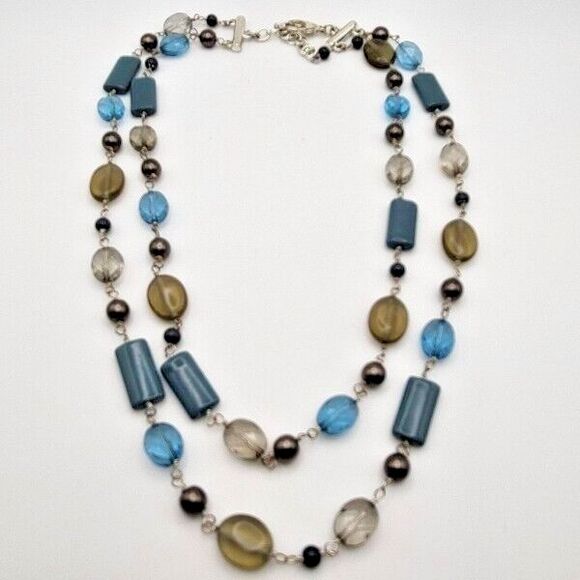 2-Strand Blue Porcelain Faceted Glass Smoky Glass Faux Pearl Silvertone Necklace - Picture 2 of 3